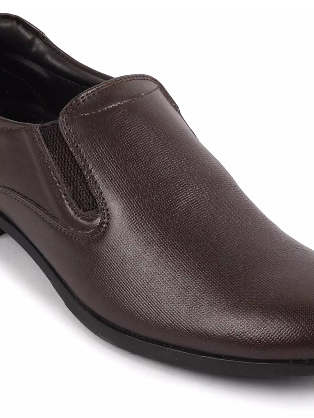 Men Brown Formal Office Textured Design Side Stitched Genuine Leather Slip On Shoes