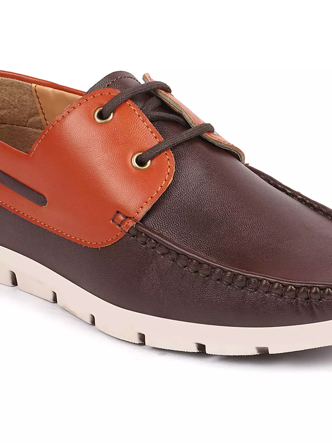 Men Brown Side Lace Stitched Design Lace Up Boat Shoes