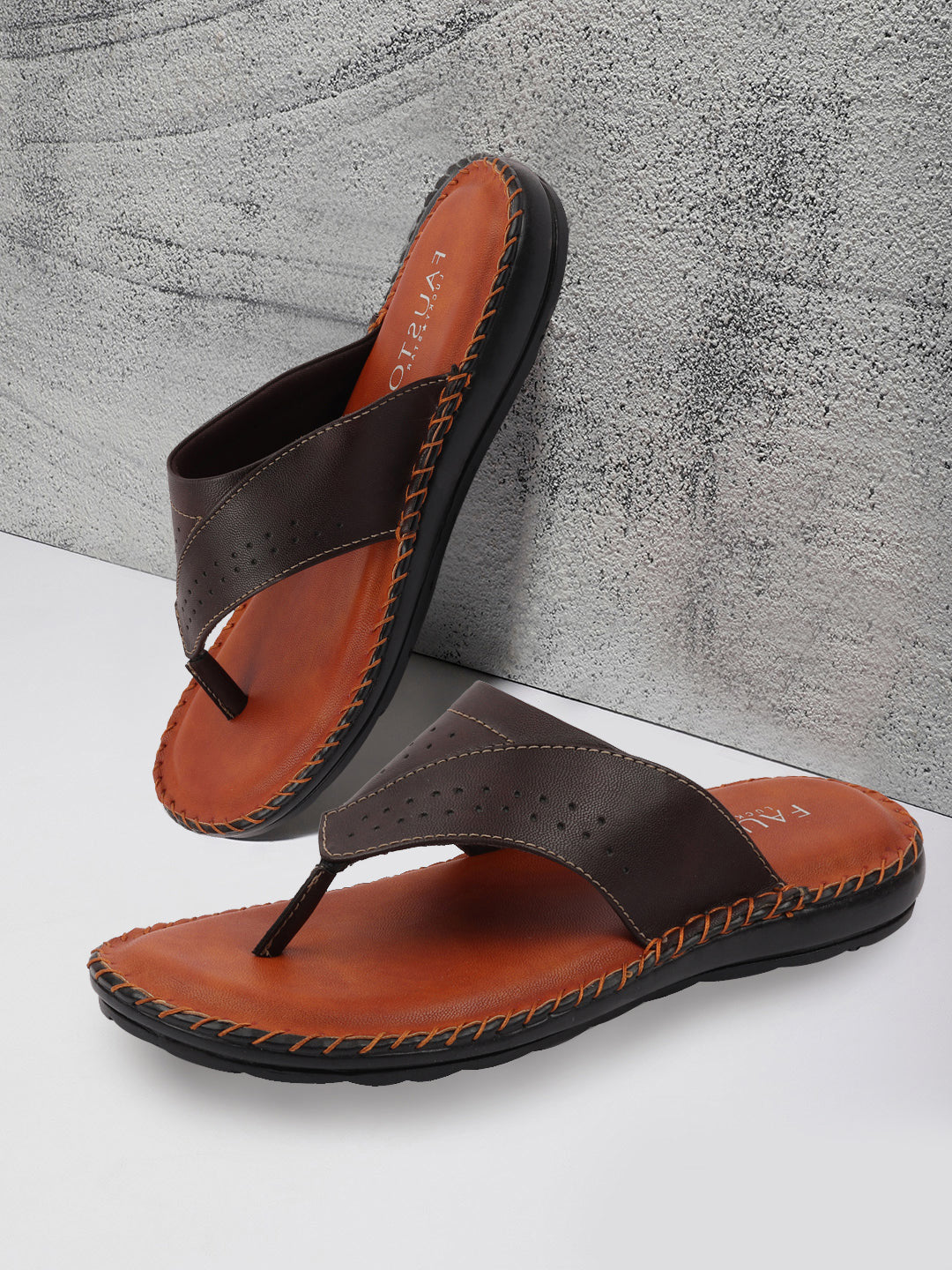 Men Brown Side Stitched Slippers