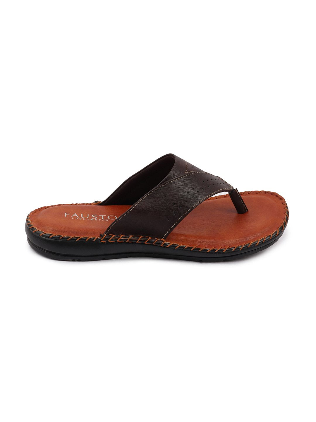 Men Brown Side Stitched Slippers