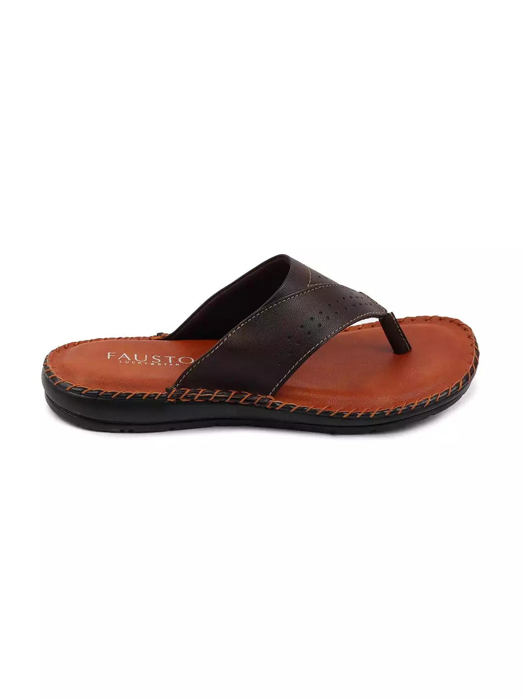 Men Brown Side Stitched Slippers