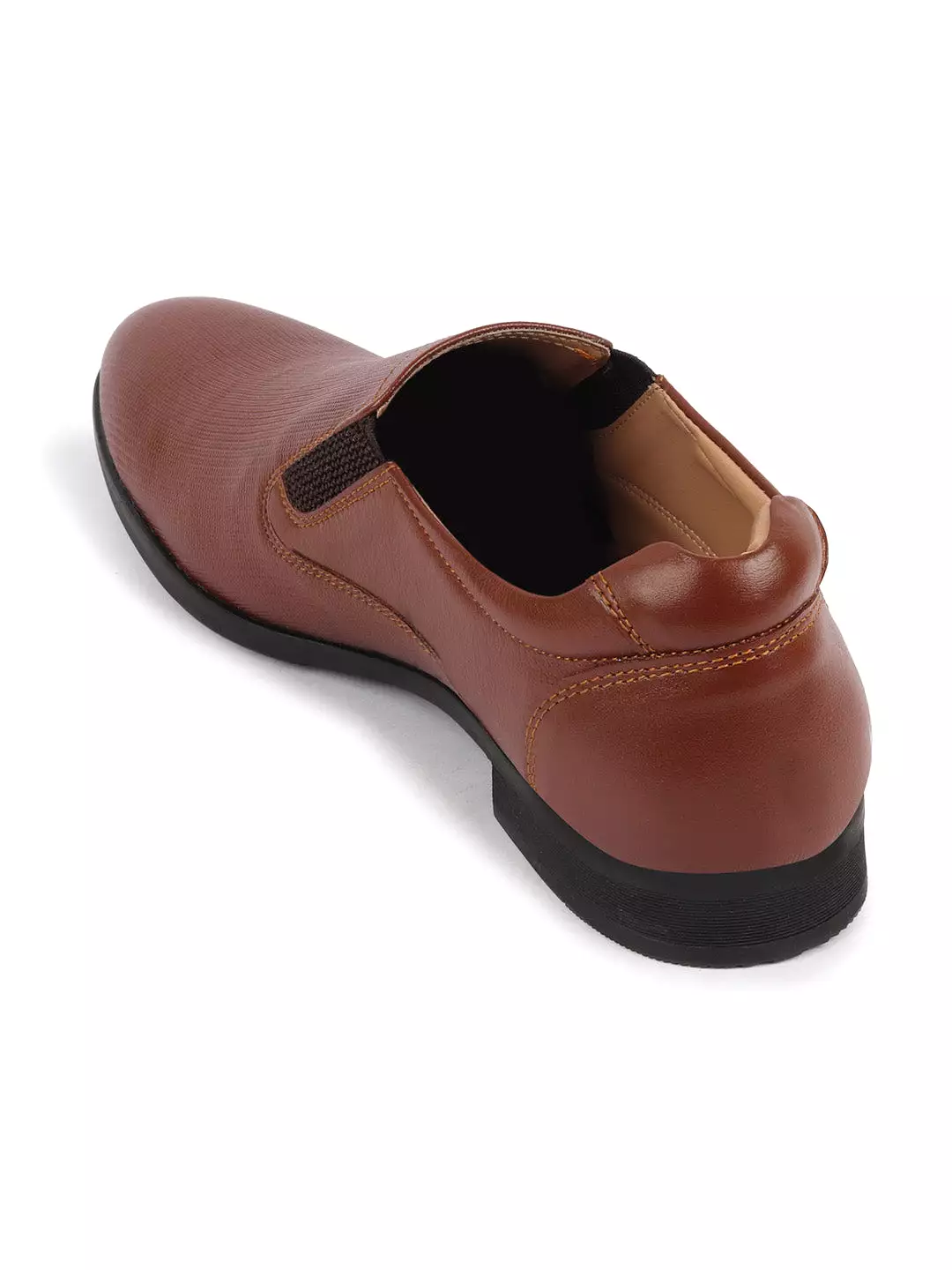 Men Tan Formal Office Textured Design Side Stitched Genuine Leather Slip On Shoes