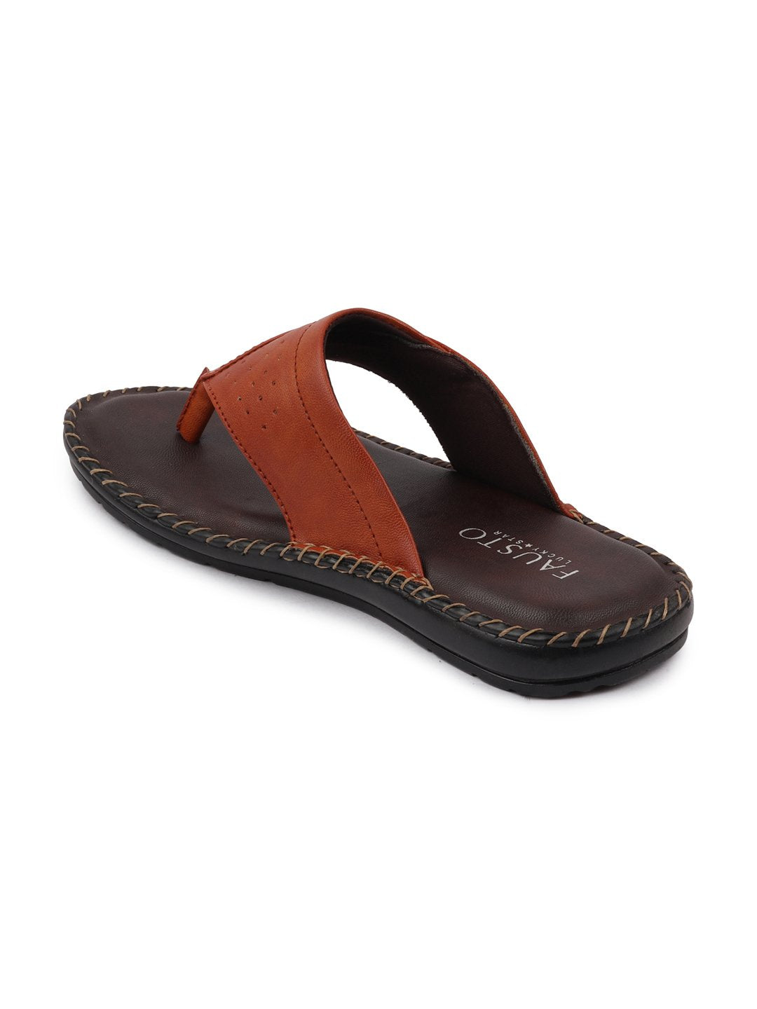 Men Tan Side Stitched Slippers