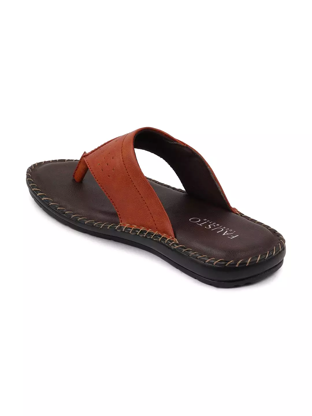 Men Tan Side Stitched Slippers