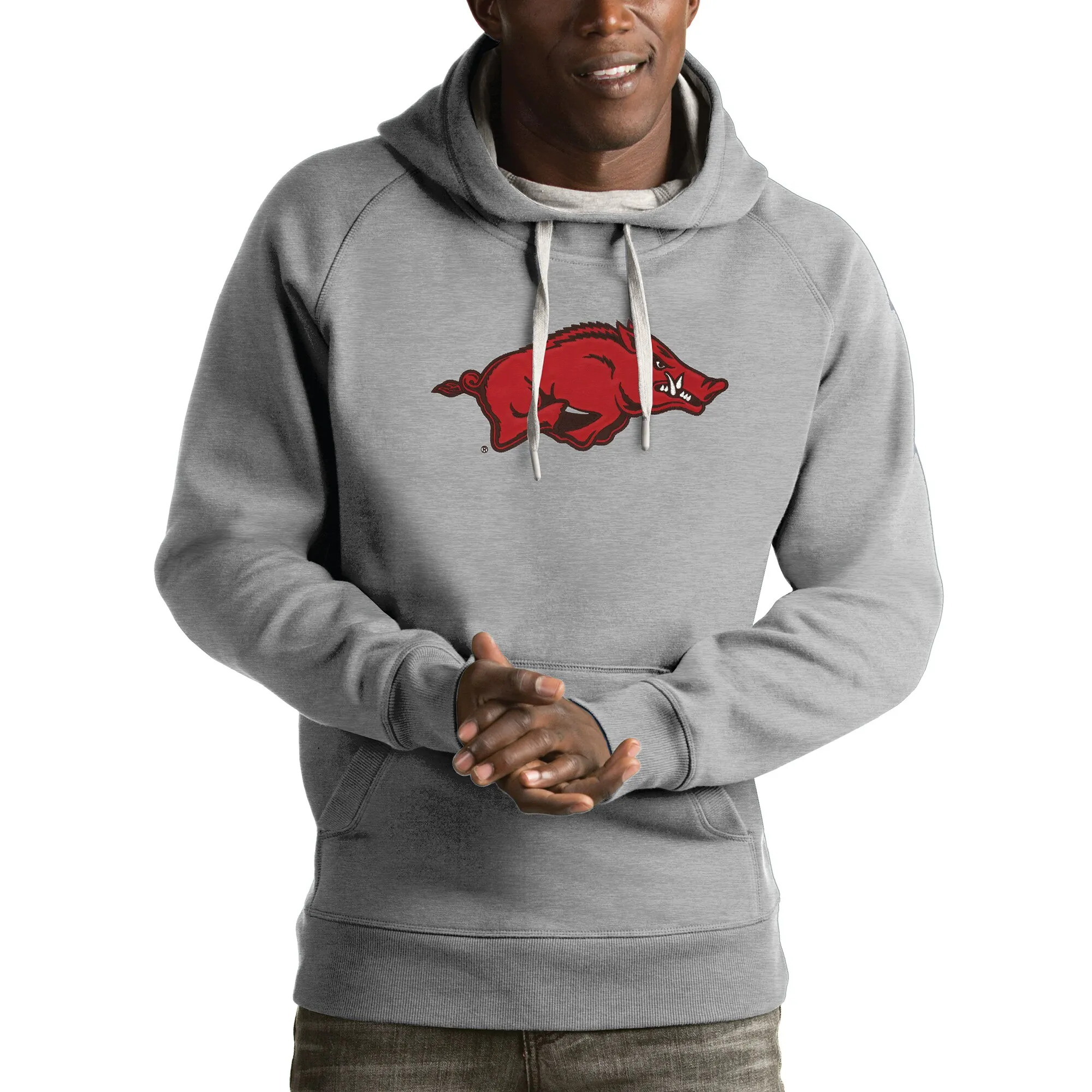 Men's Antigua Gray Arkansas Razorbacks Victory Pullover Hoodie