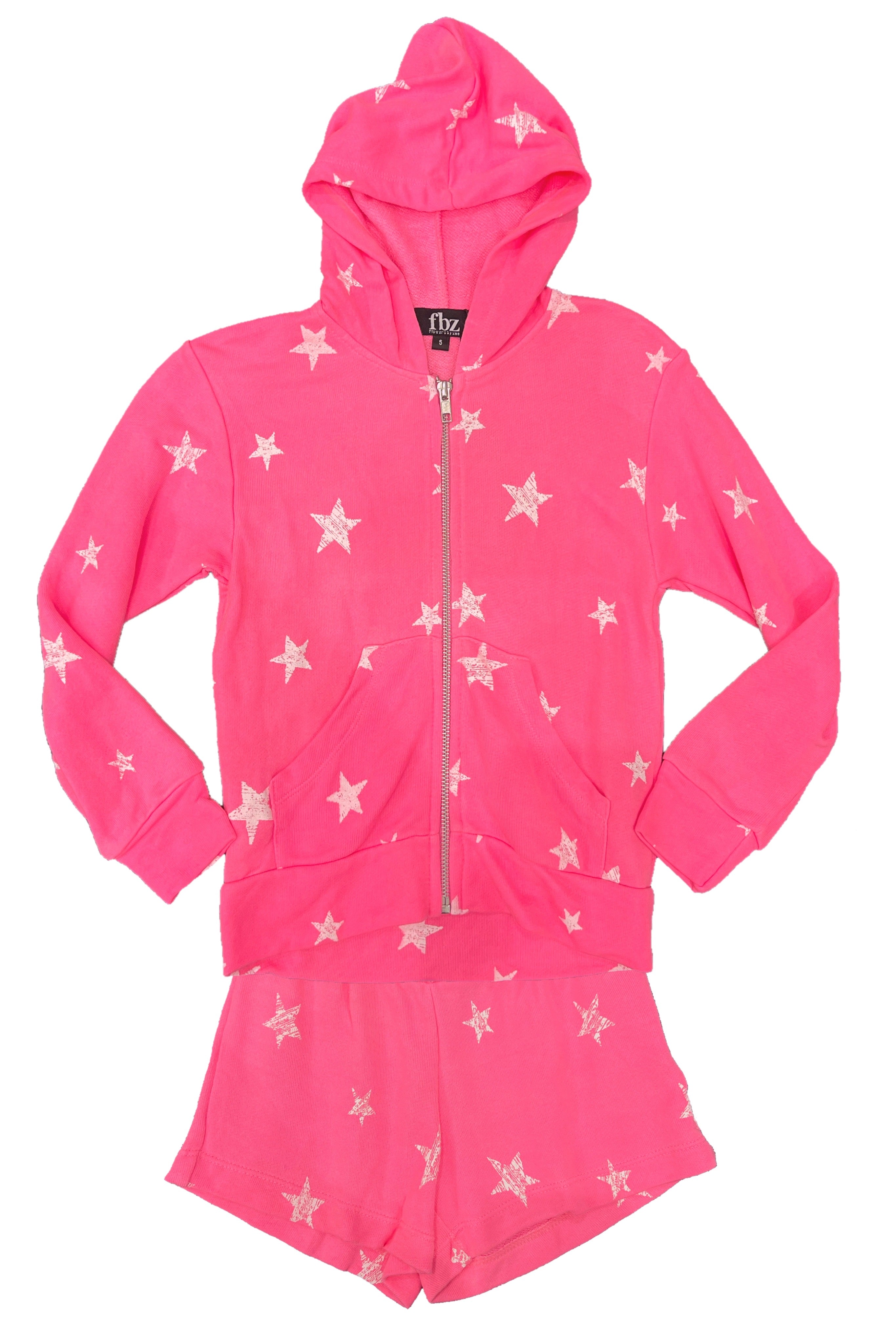 Neon Pink White Stars Zip Hoodie