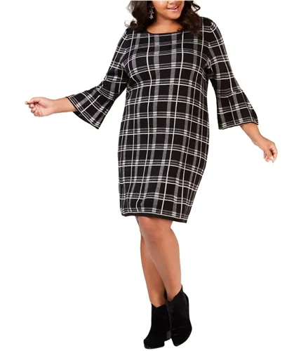 Ny Collection Womens 3/4 Bell Sleeve Plaid Sweater Dress