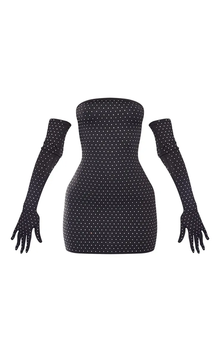 Petite Black Diamante Bandeau Dress With Gloves