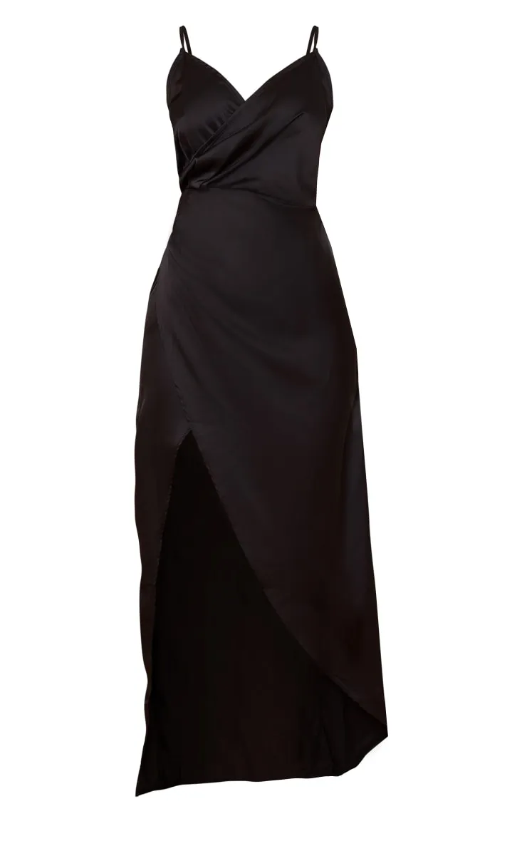 Petite Black Satin Wrap Detail Maxi Dress