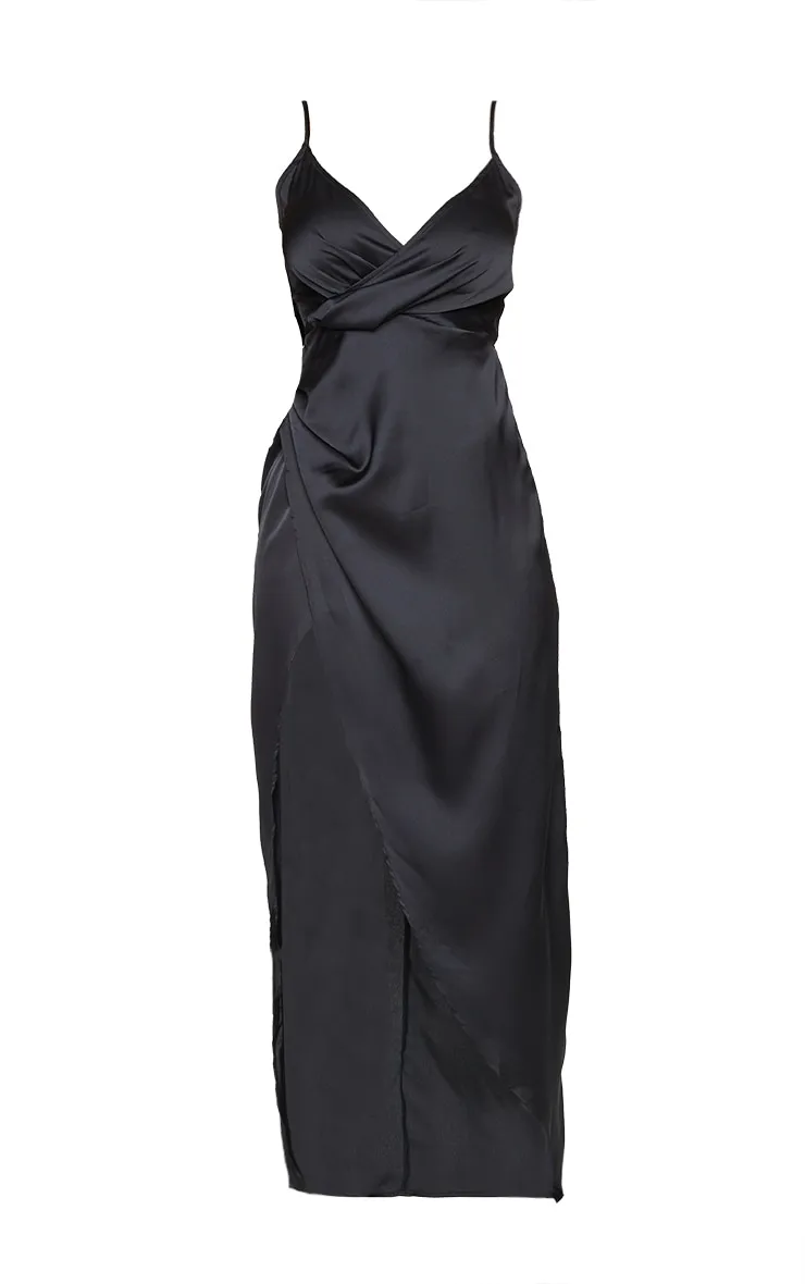 Petite Black Satin Wrap Detail Maxi Dress