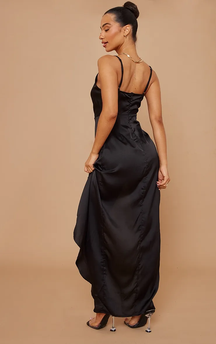 Petite Black Satin Wrap Detail Maxi Dress