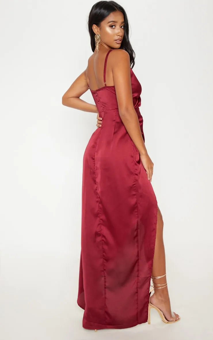 Petite Burgundy Satin Wrap Detail Maxi Dress