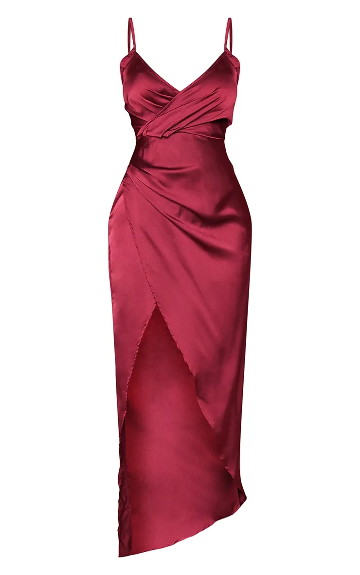 Petite Burgundy Satin Wrap Detail Maxi Dress