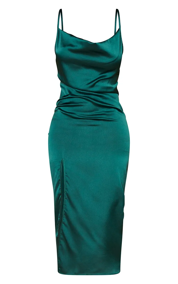 Petite Emerald Green Strappy Satin Cowl Midi Dress