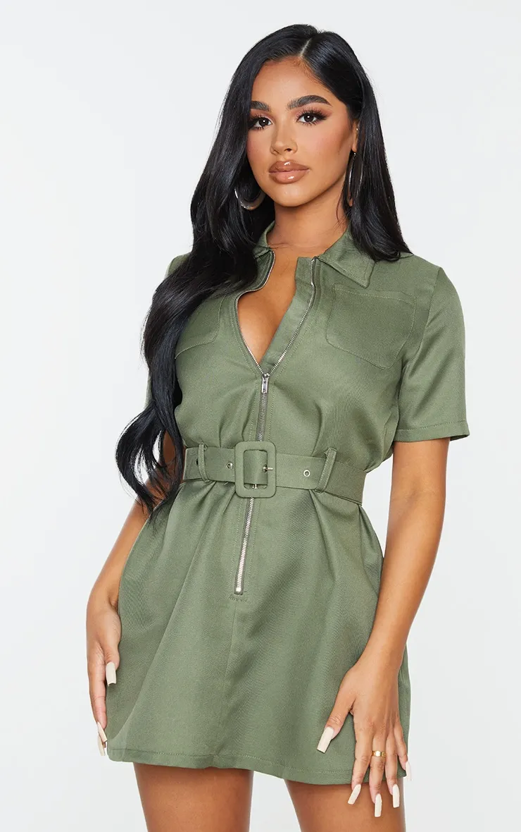 Petite Khaki Zip Detail Belted Utility Dress