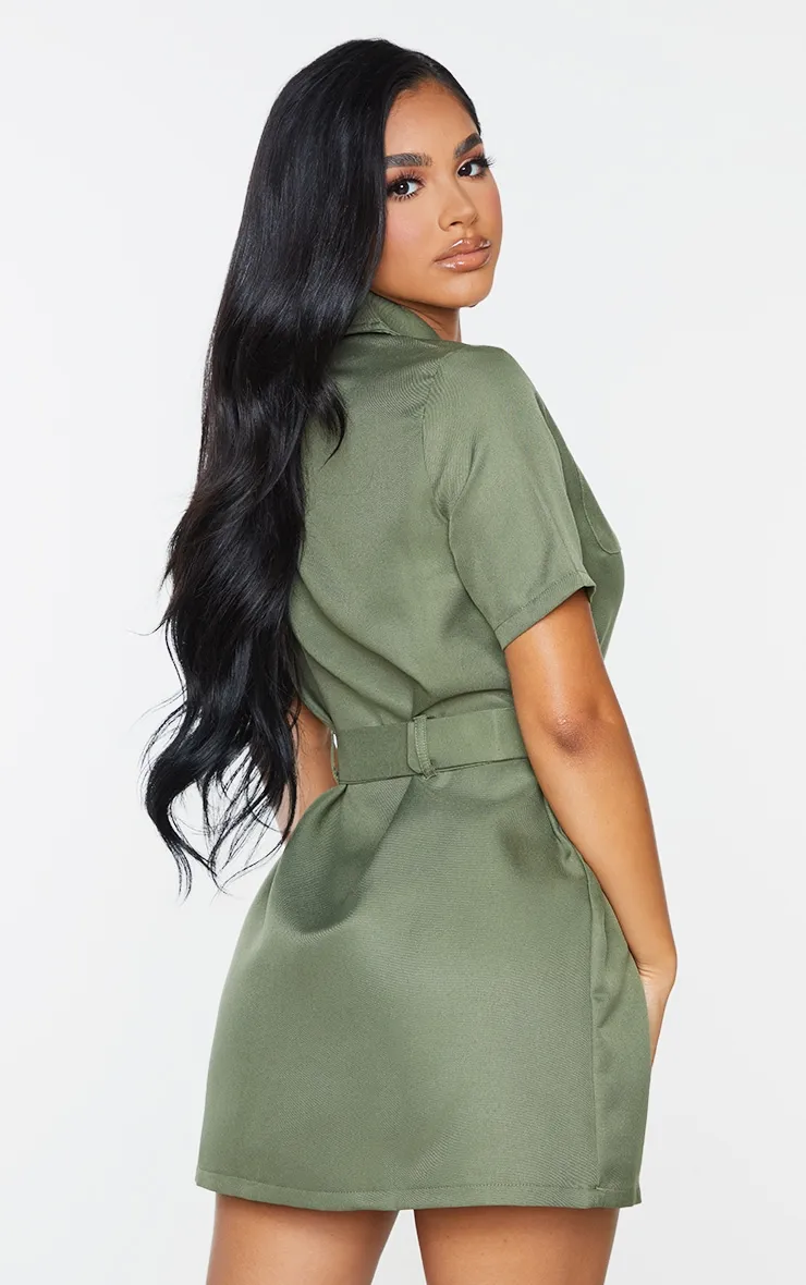 Petite Khaki Zip Detail Belted Utility Dress