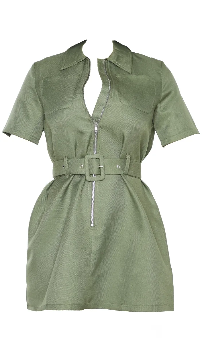 Petite Khaki Zip Detail Belted Utility Dress