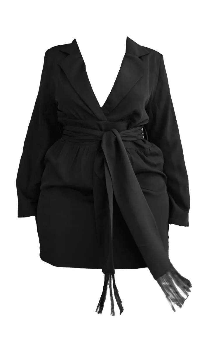 Plus Black Wrap Front Tassel Belted Dress