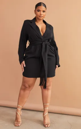 Plus Black Wrap Front Tassel Belted Dress