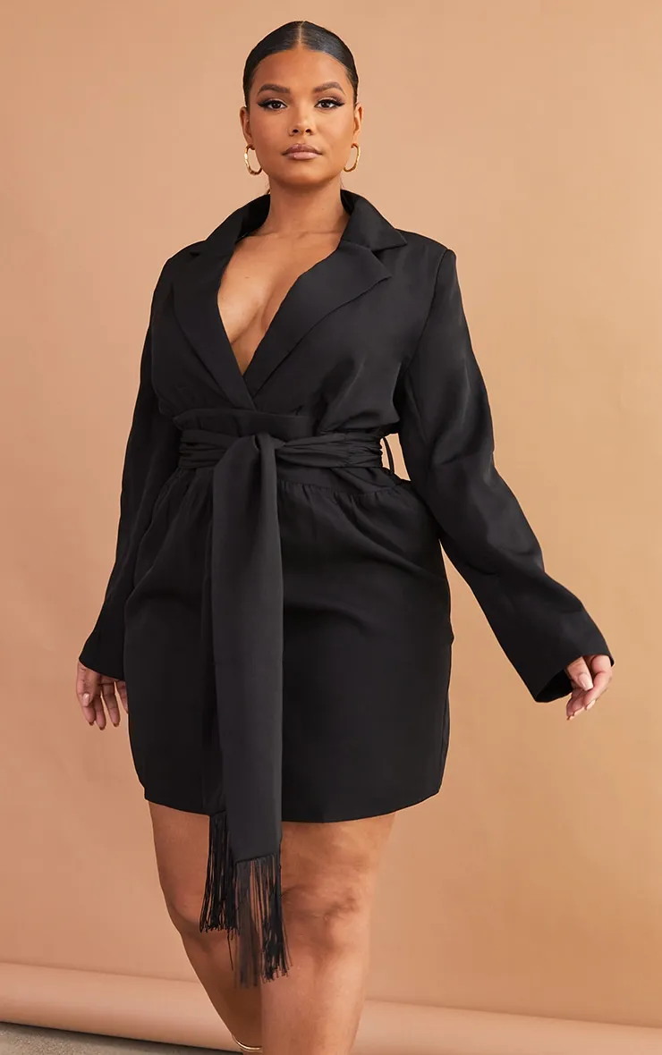 Plus Black Wrap Front Tassel Belted Dress