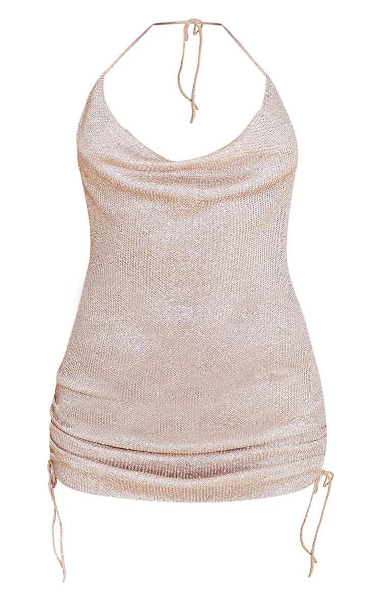 Plus Gold Cowl Neck Ruched Side Bodycon Dress