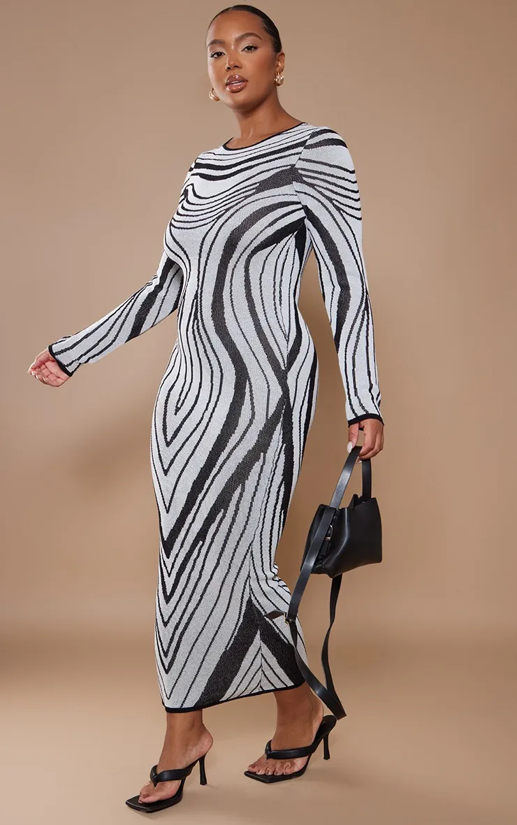 Plus Monochrome Striped Knitted Midaxi Dress