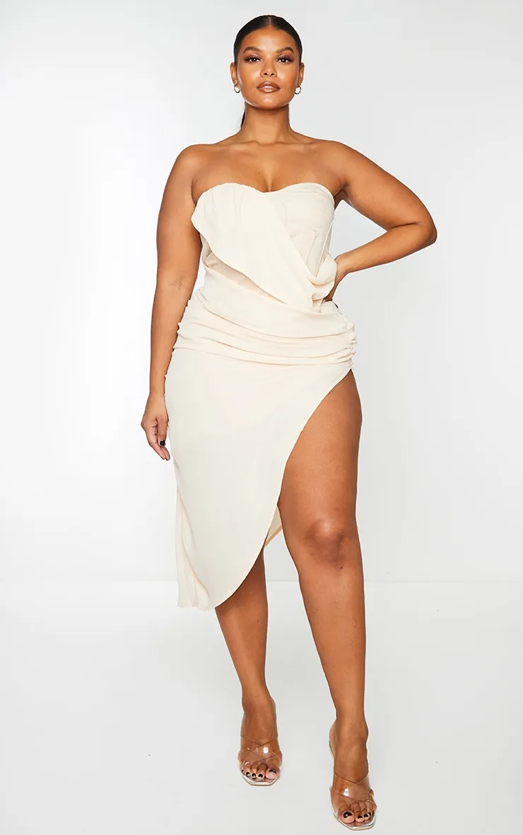 Plus Nude Cup Detail Chiffon Drape Bodycon Dress