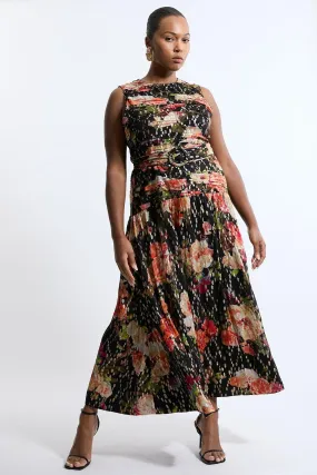 Plus Size Floral Printed Viscose Metallic Thread Beaded Woven Midaxi Dress | Karen Millen