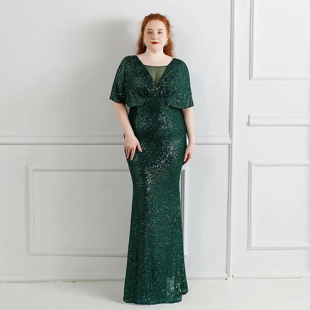 Plus Size Green Sequin Evening Dress Short Sleeve Elegant Women Party Dress Long Prom Dress