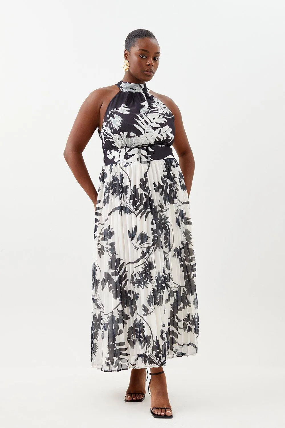 Plus Size Mono Floral Georgette Belted Pleated Midi Dress | Karen Millen