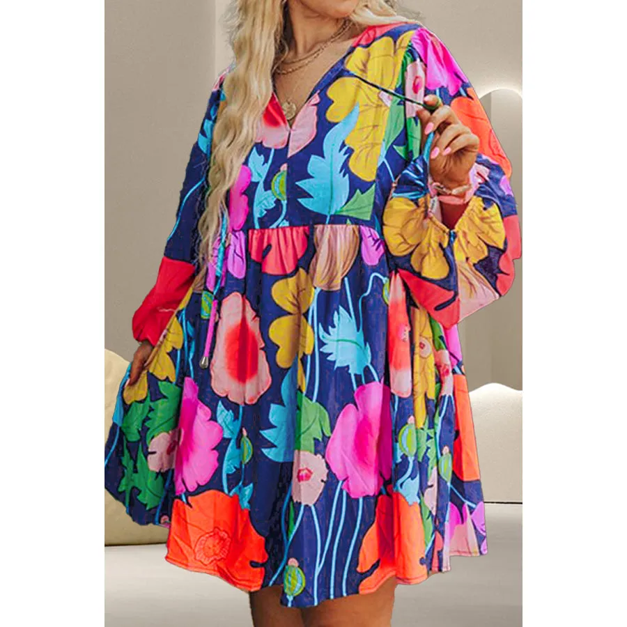 Plus Size Printed Tie Neck Long Sleeve Dress