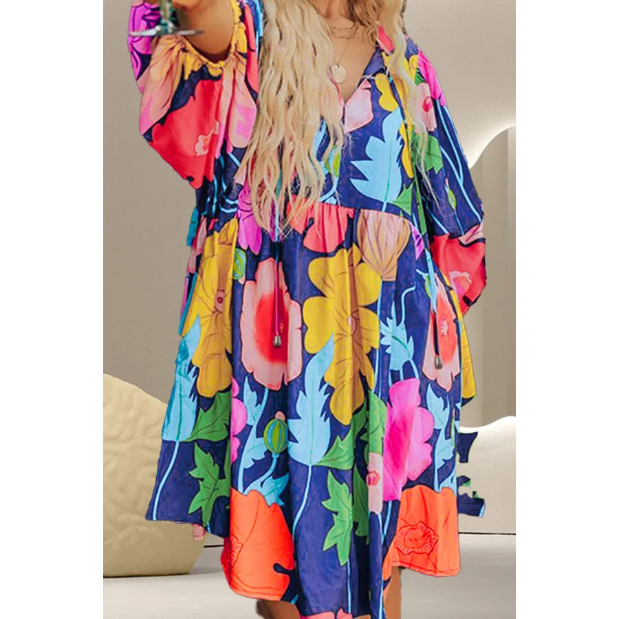 Plus Size Printed Tie Neck Long Sleeve Dress