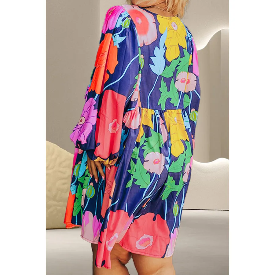 Plus Size Printed Tie Neck Long Sleeve Dress