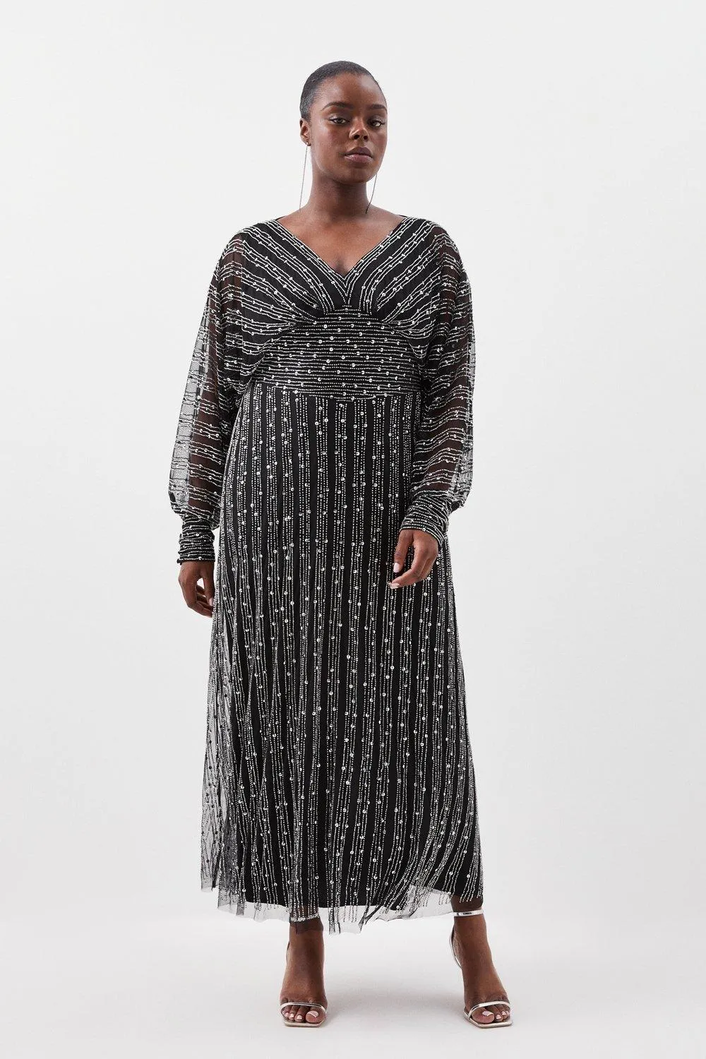 Plus Size Stripe Embellished Plunge Batwing Maxi Dress | Karen Millen