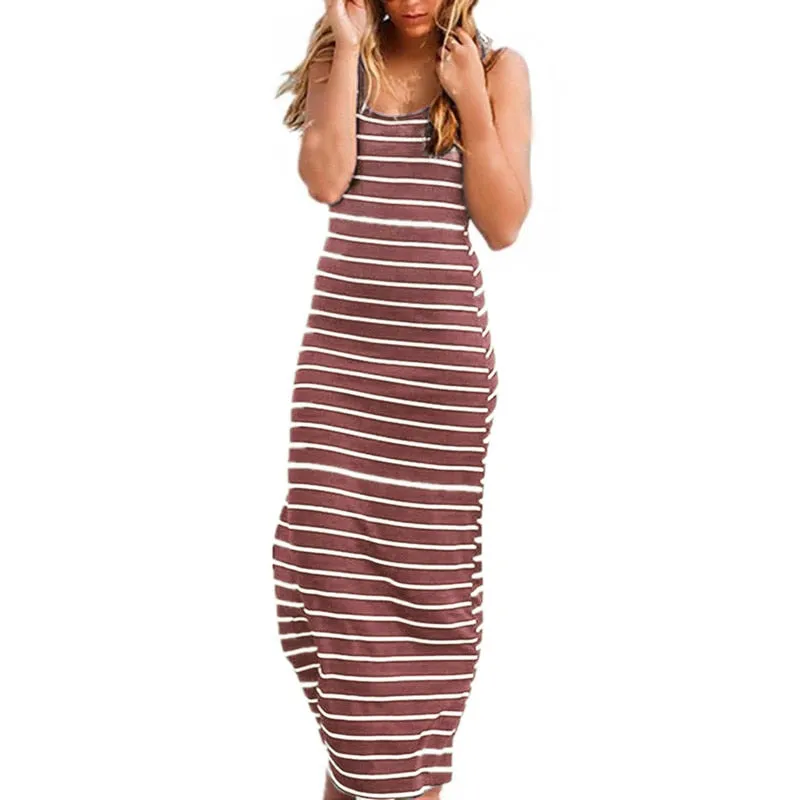 Plus Size Summer Style Striped Boho Maxi Long Beach Dress for Women