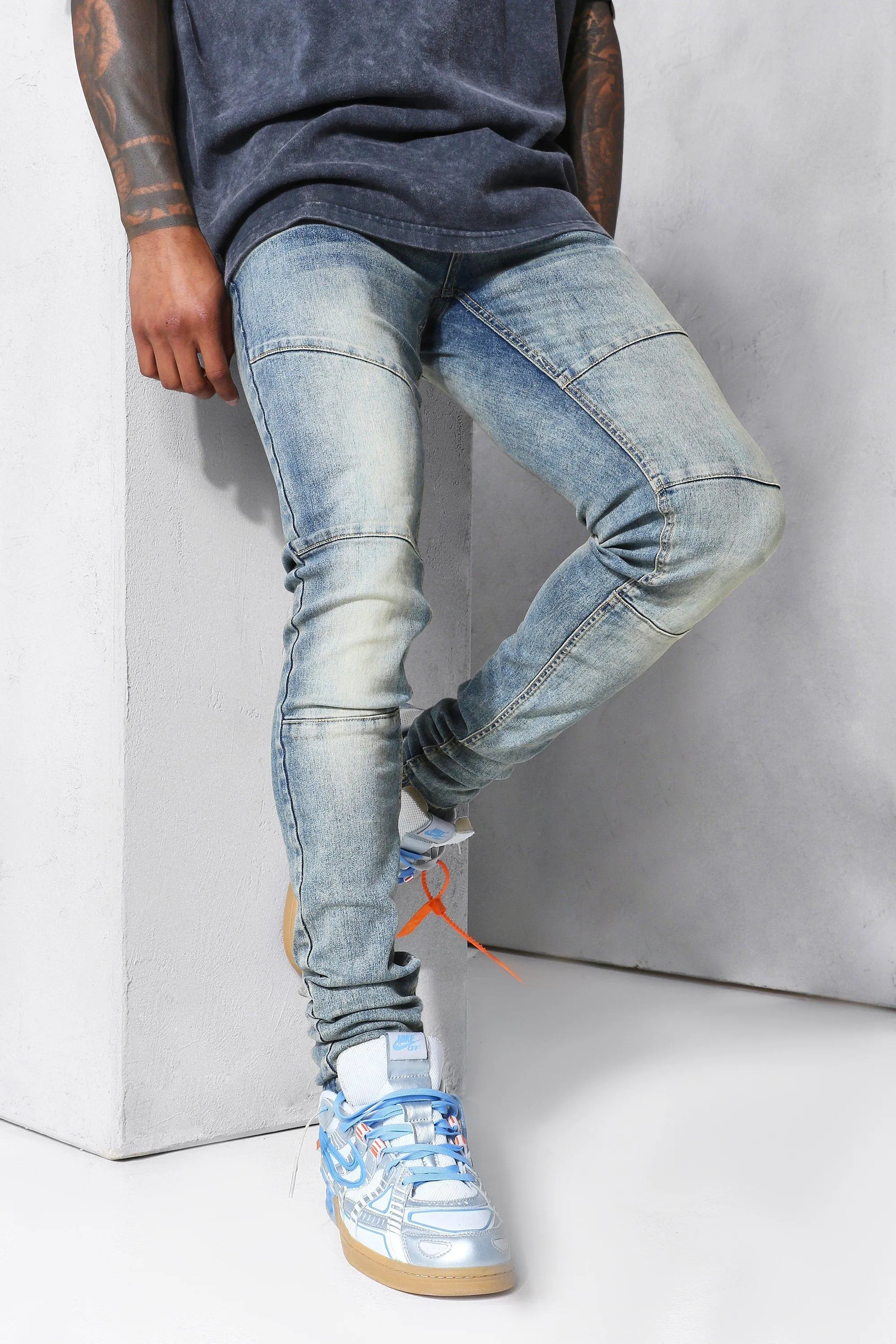 Skinny Stacked Leg Panelled Biker Jean | boohooMAN UK