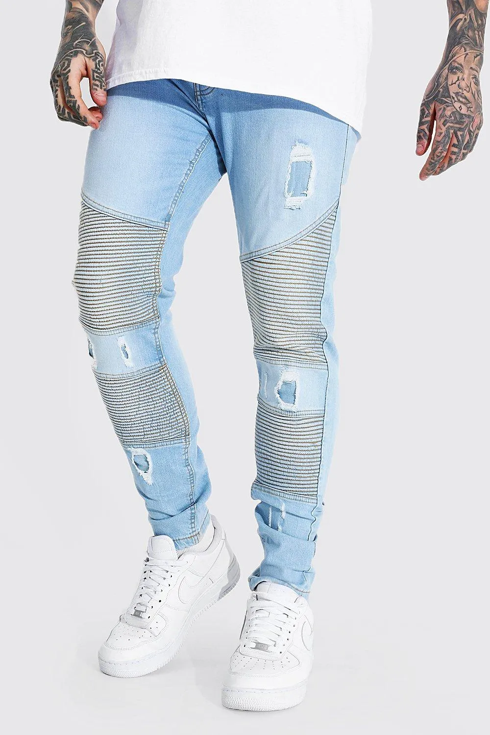 Skinny Stretch Biker Jean With Distressing | boohooMAN UK