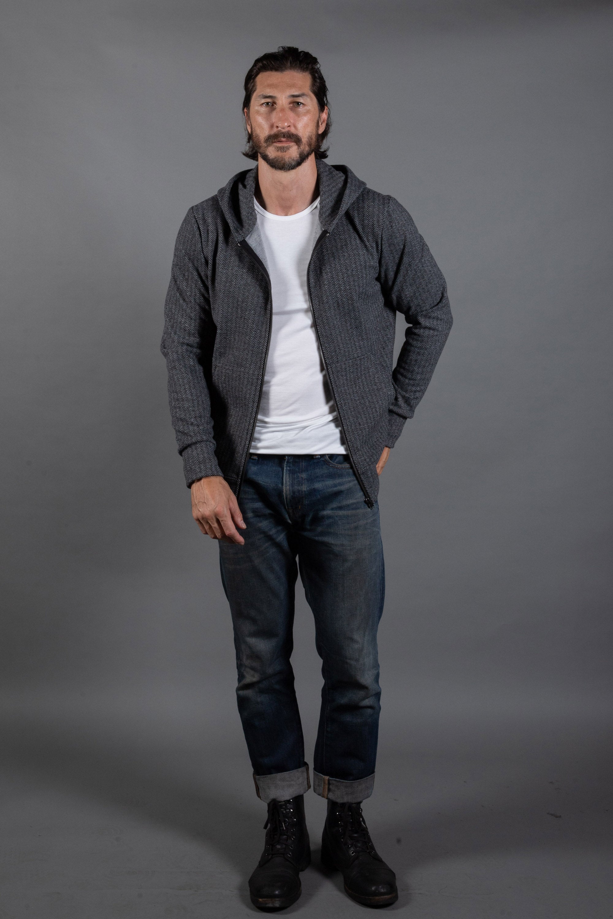 Spencer Herringbone Zip Front Hoodie