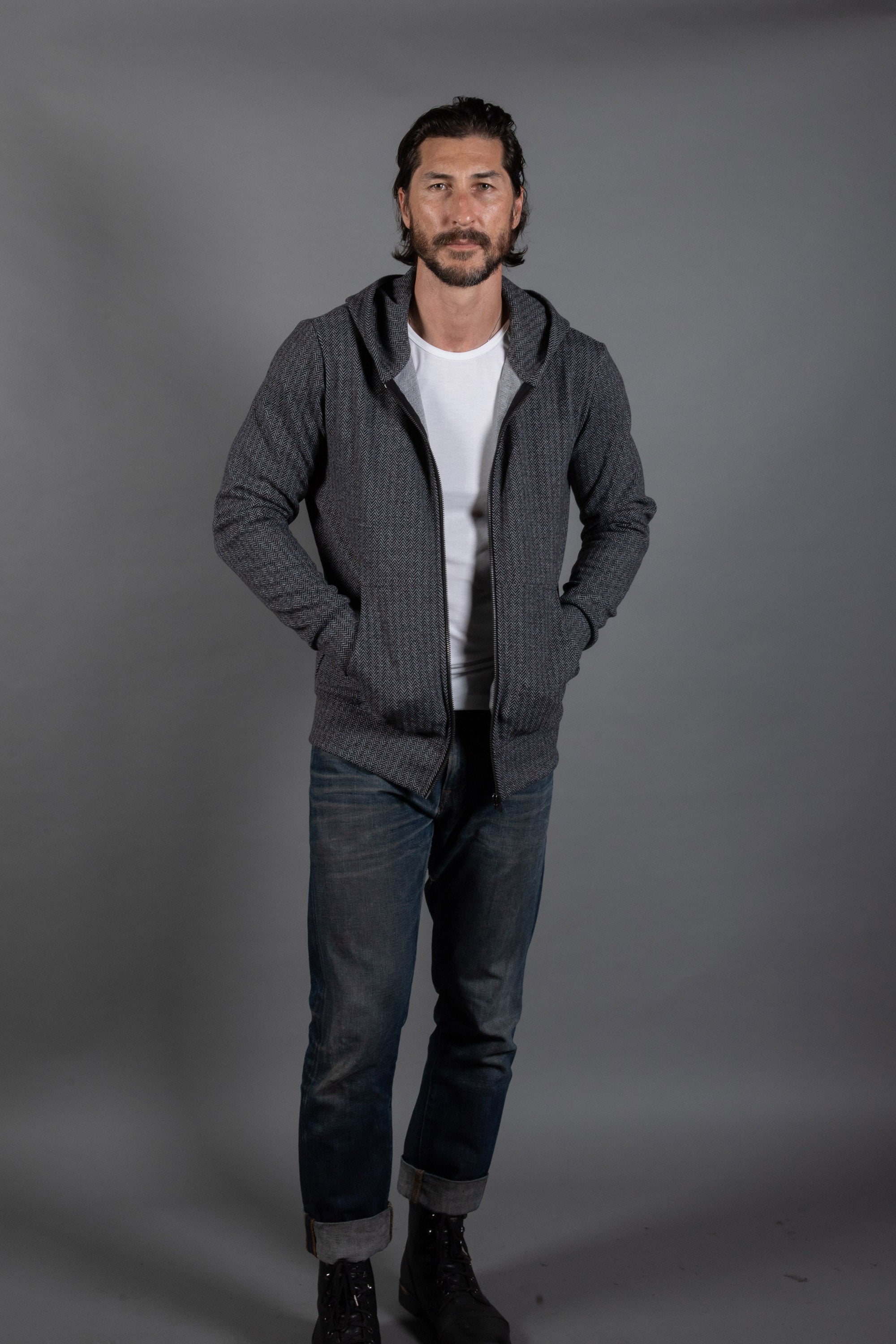 Spencer Herringbone Zip Front Hoodie