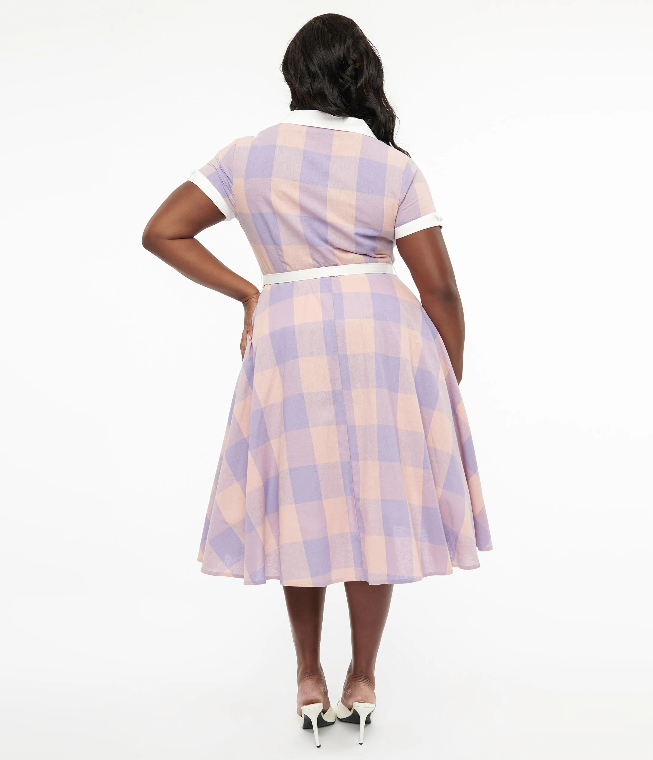 Unique Vintage Plus Size 1950s Lavender & Pink Gingham Cotton Alexis Swing Dress