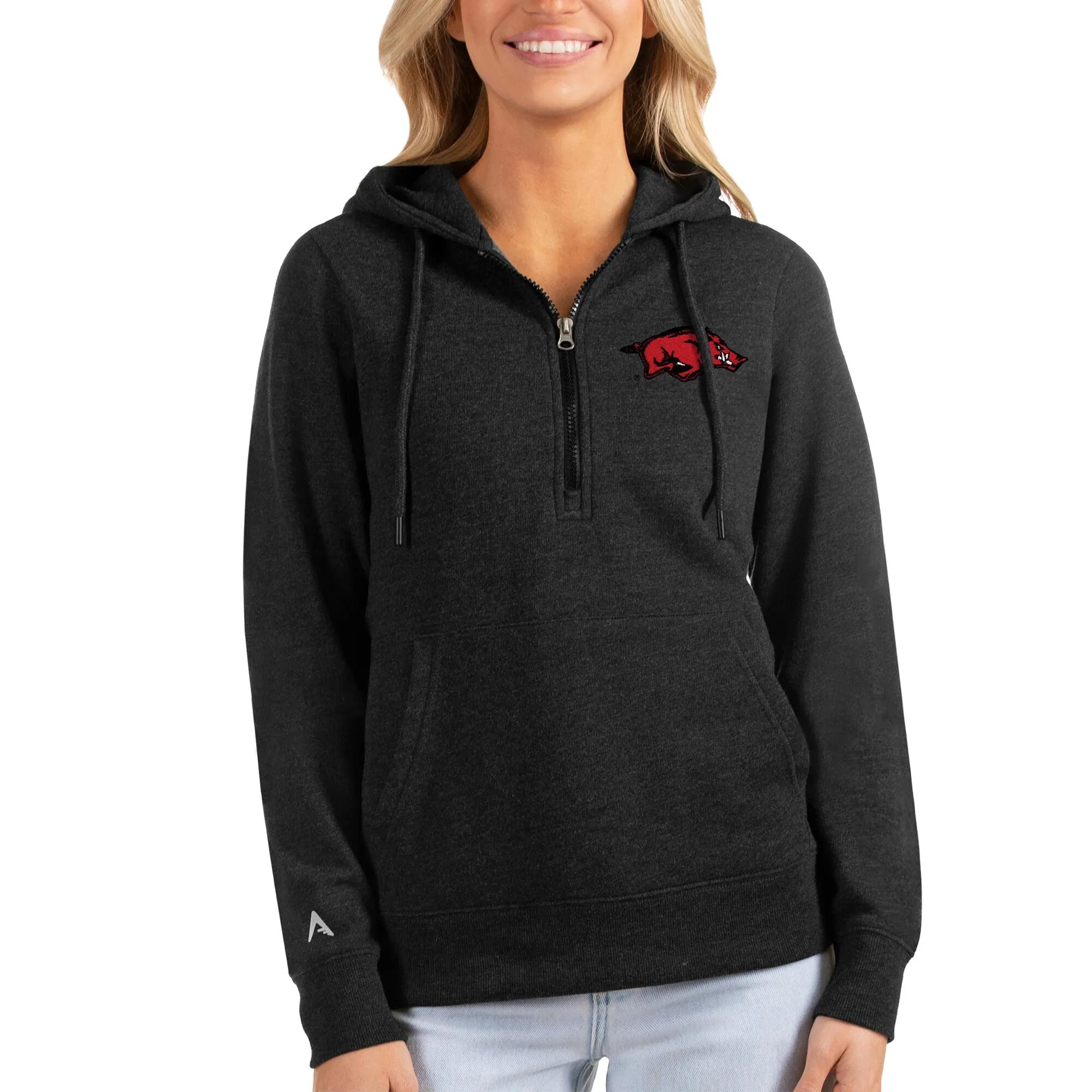 Women's Antigua Heathered Black Arkansas Razorbacks Action Half-Zip Pullover Hoodie