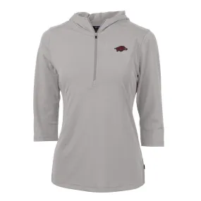 Women's Cutter & Buck Gray Arkansas Razorbacks Virtue Eco Pique 3/4 Sleeve Half-Zip Pullover Hoodie