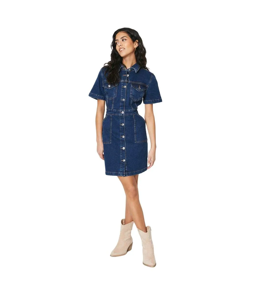 Womens/ladies denim petite mini dress indigo Dorothy Perkins